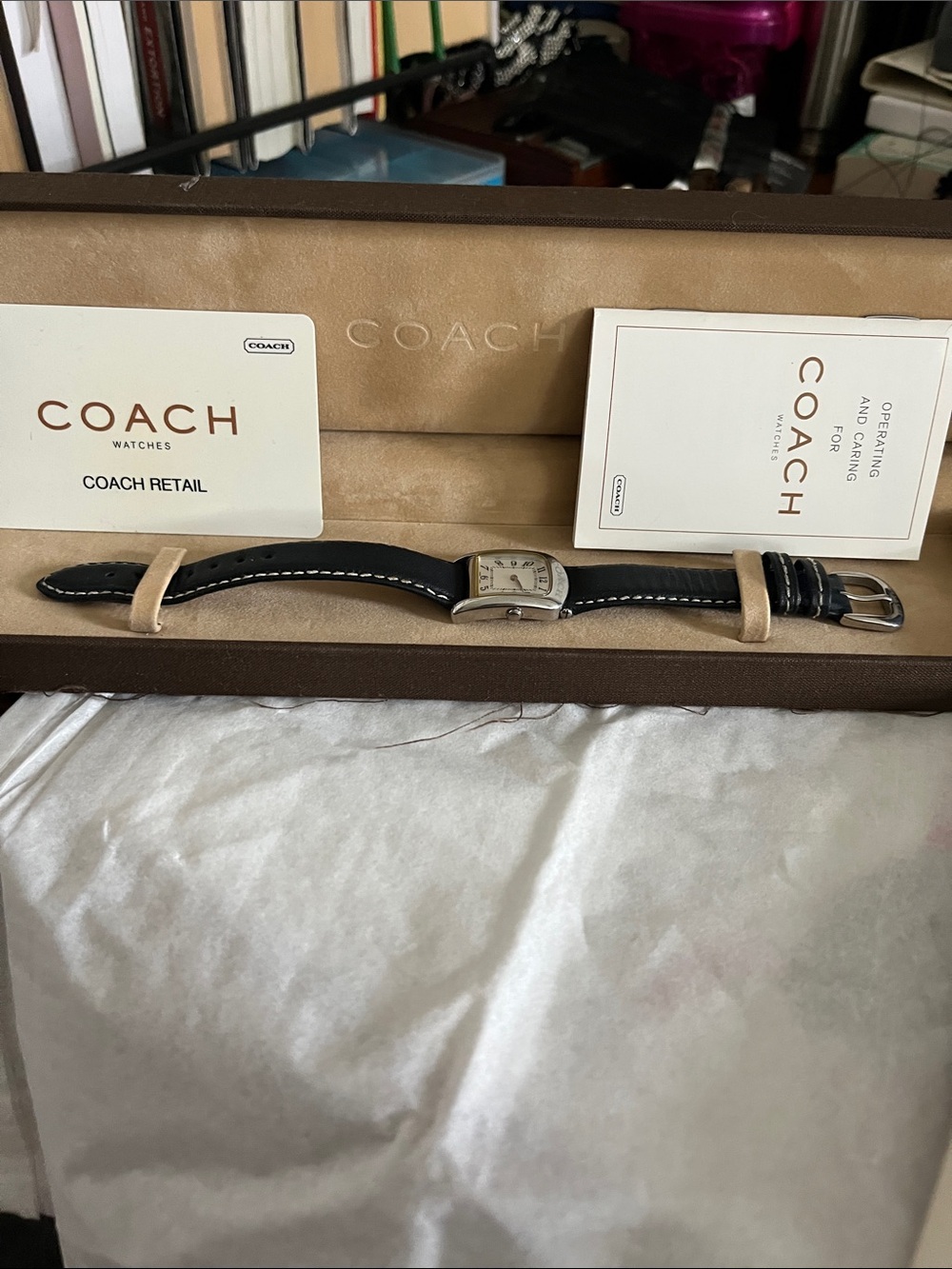 COACH Women's Black Leather Strap Watch with Silver Case